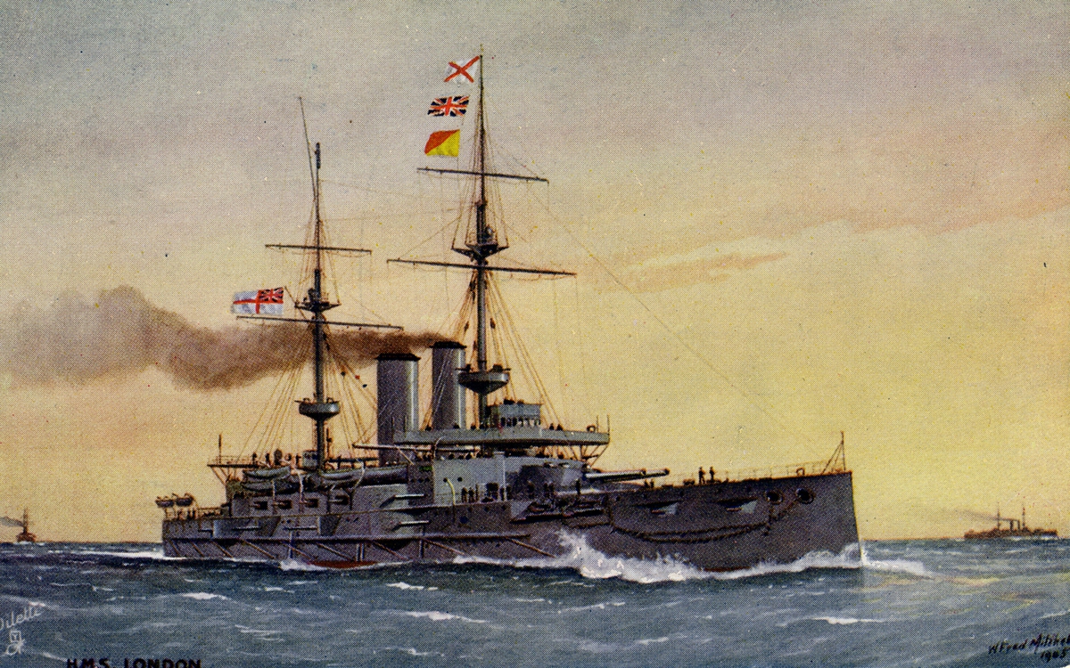 Det brittiska slagskeppet LONDON. Konstvykort.
