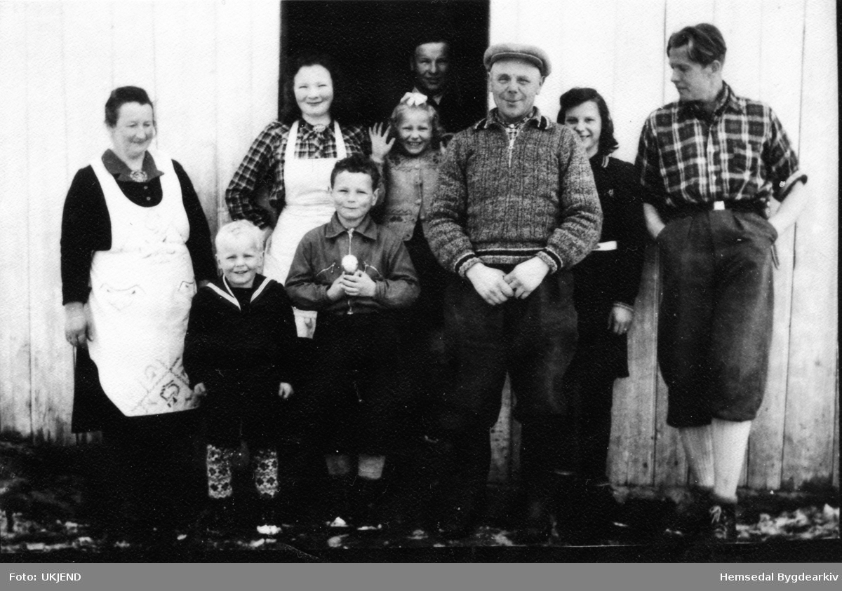 Fremst frå venstre: Anne Jordheim, Alf Jordheim, Per Jordheim og Ola Jordheim, ca. 1949 på garden Jordheim, 64.1.
Dei andre er truleg turistar
,