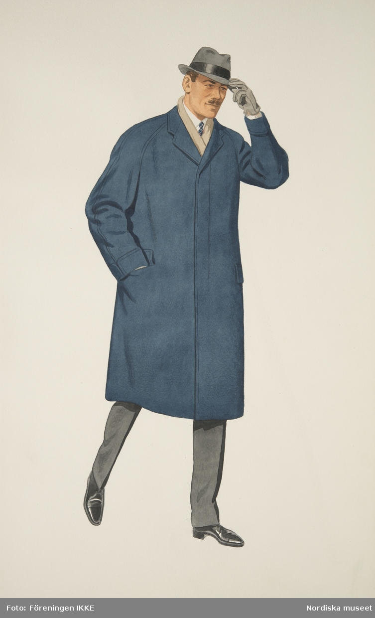 Modeteckning av man i blå rock, beige halsduk, grå fedorahatt, grå handskar och byxor. Nordiska Kompaniets engelska herrskrädderi.