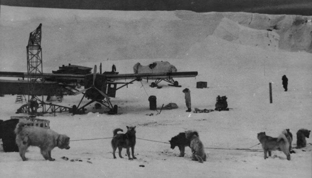 To fly på isen, Otter OAG og OAF. Heisekran og mye utstyr. Flere personer og ett hundespann ved flyene.
