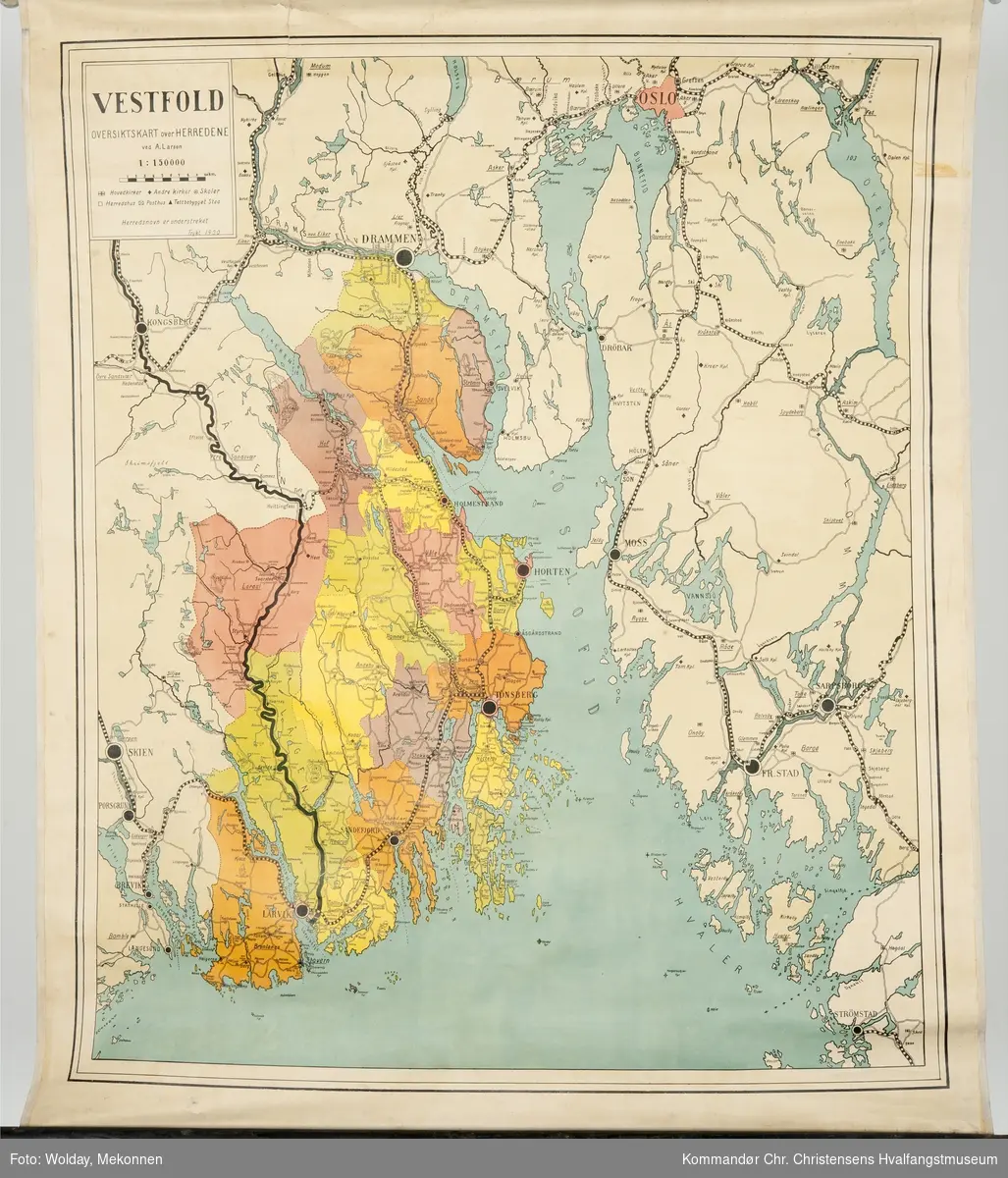 Vestfold, oversiktskart over herredene 1930.