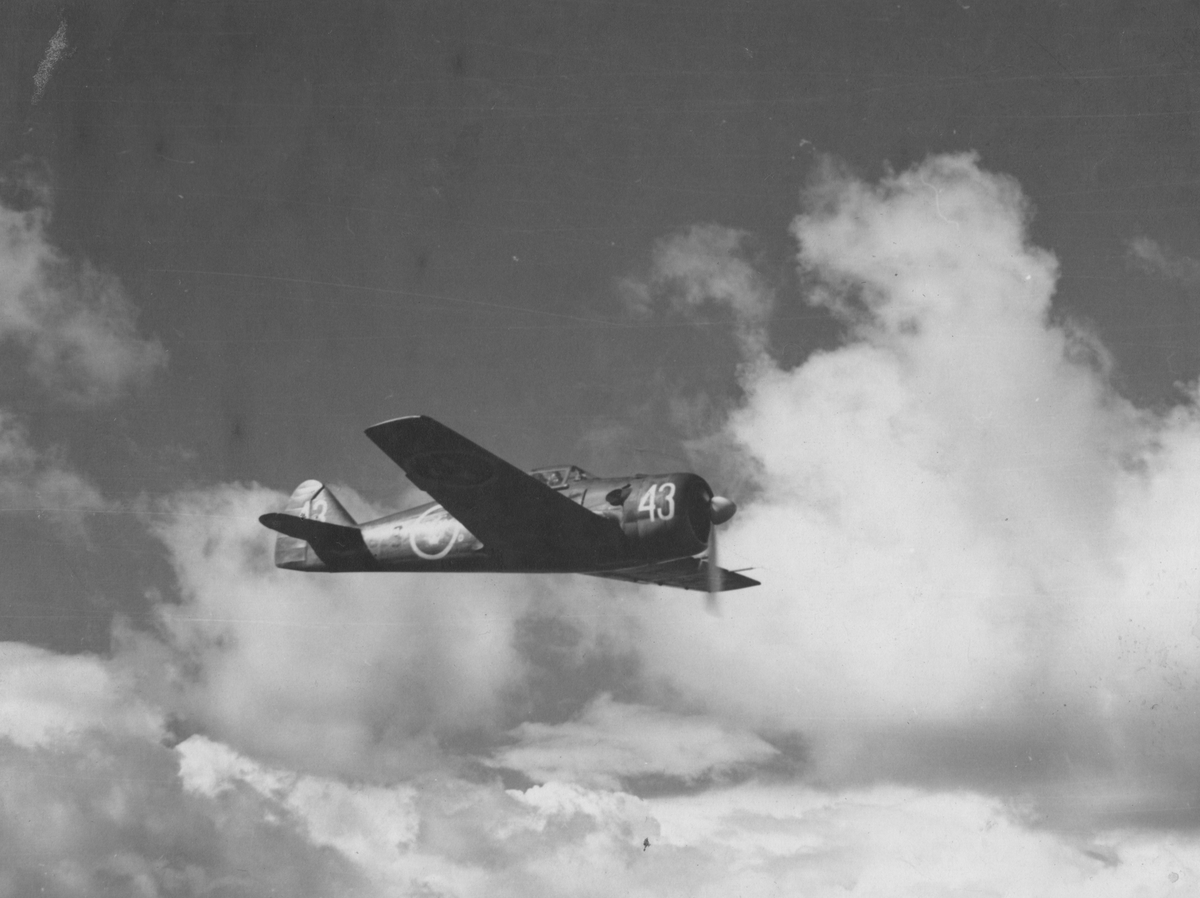 Flygplan J 22 märkt 43 från F 3 Östgöta flygflottilj flyger i luften.