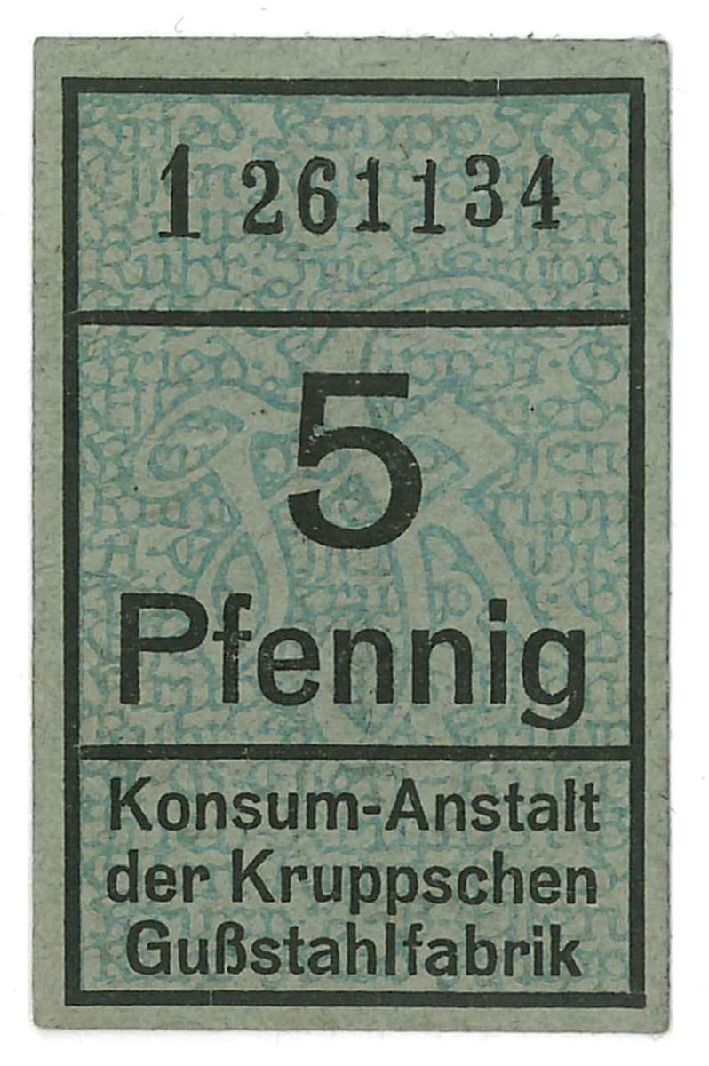 Kupong, 5 Pfennig.

Ingår i en samling sedlar, huvudsakligen från Tyskland.