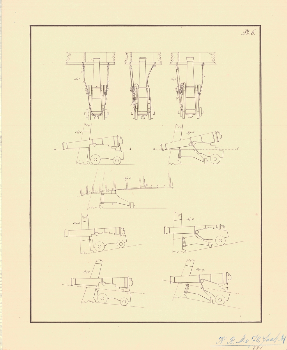 9 st ritningar visande Commander Marshalls inventerade nya lavett för kanoner om skeppsbord
