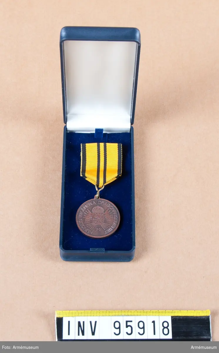 Skånska dragonregementets minnesmedalj 1 (P 2) i brons, 8:e storleken, 1994.

Band: gult med svarta kanter och två svarta ränder på mitten.

Medalj i blå ask klädd med blå sammet och vit siden.