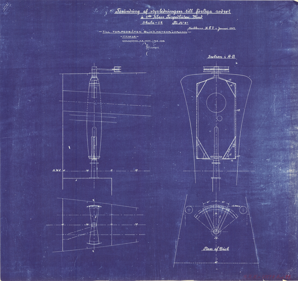 Ritning gällande förändring av styrledningen till förliga rodret. Till torpedbåtarna Blixt, Meteor och Orkan ritning daterad 1908