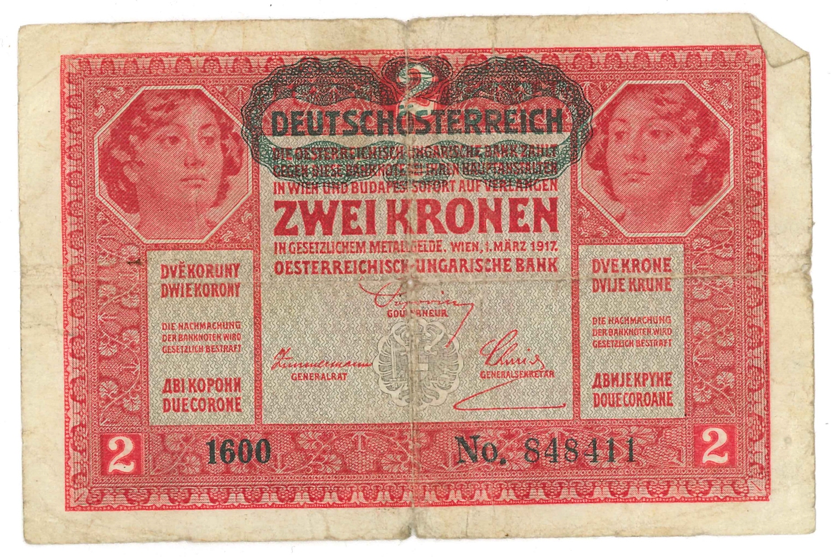 Sedel, 2 Korona, från år 1917, Österrike-Ungern.

Ingår i en samling sedlar, huvudsakligen från Tyskland.