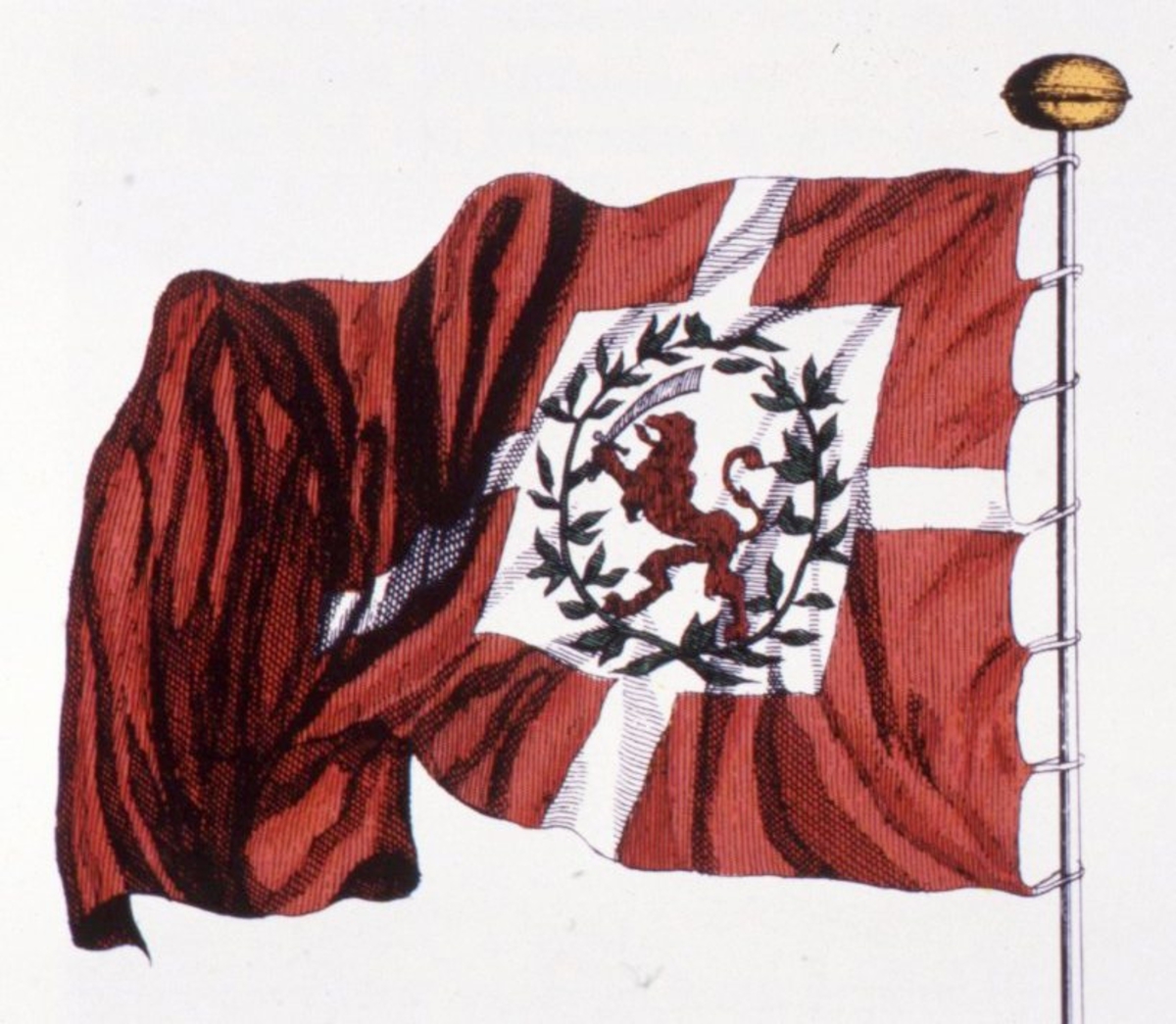 Motiv: Bergensflagget ca 1700. Danebrog med den norske løve omgitt av en bladkrans i et hvitt feldt midt i korset. Løven bærer sverd og går fra flaggliket