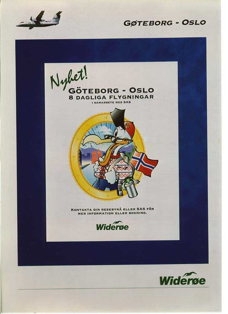 Reklame/Markedsføring. Plakat brukt av Widerøe til å markedsføre nye ruteområder 1995. Gjennomgangsfigur i kampanjen er en måse ved navn Willy.