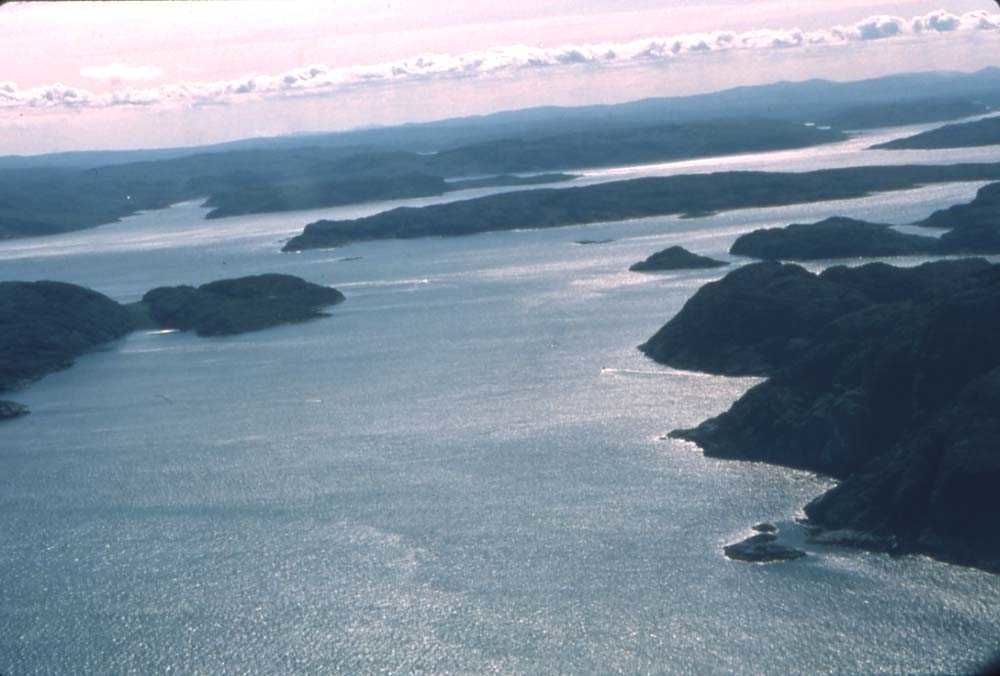 Luftfoto. Foto tatt fra et fly, DHC-6-300 Twin Otter fra Widerøe og viser parti av Porsangerfjorden i Finnmark.