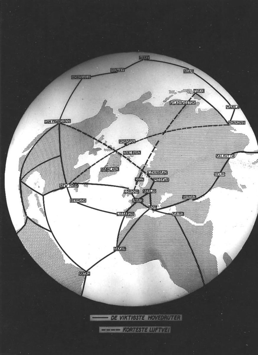 "Globus", kart som viser "kommende" luftruter over kontinentene. 