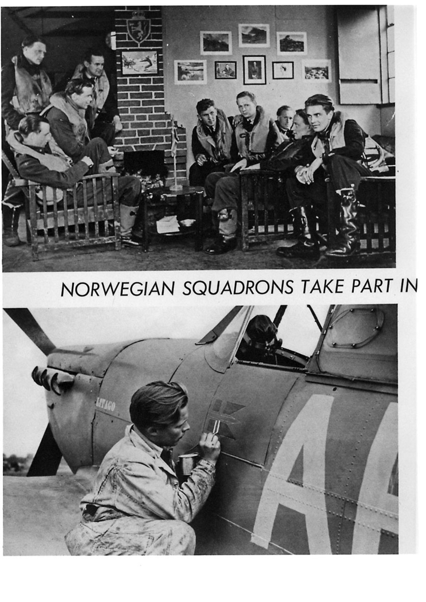 2-delt bilde. Øverst flere personer,  militære piloter, tatt innendørs. Nederst. En person dekorerer fly (ant. spitfire), holder på med å måle på det norske flagg.