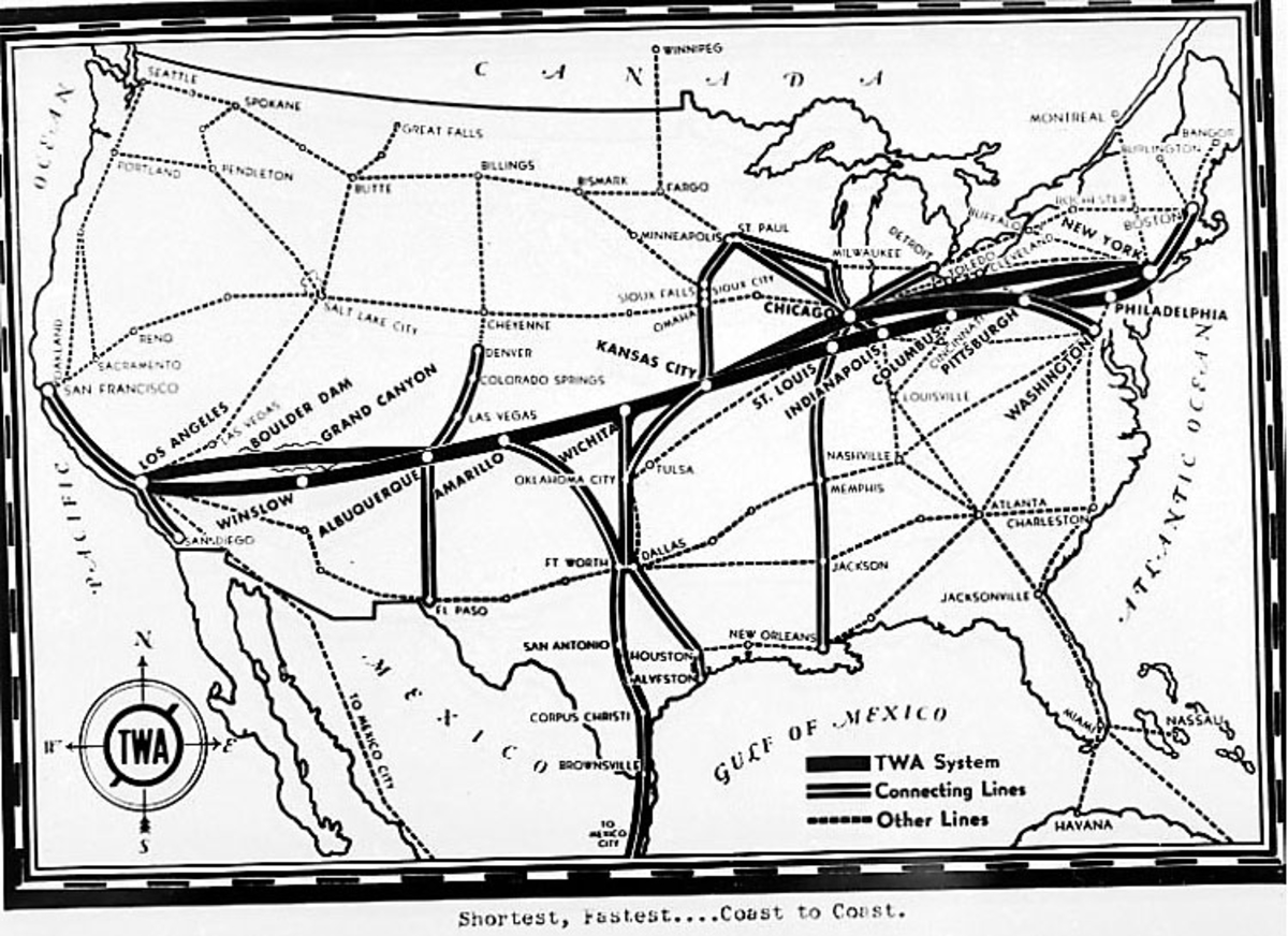 Div. reklame og opplysninger om TWA - illustrert med bilder, skisser og tekst. Skisse - kart som viser div flyruter (Grenseområdet USA - Canada).
