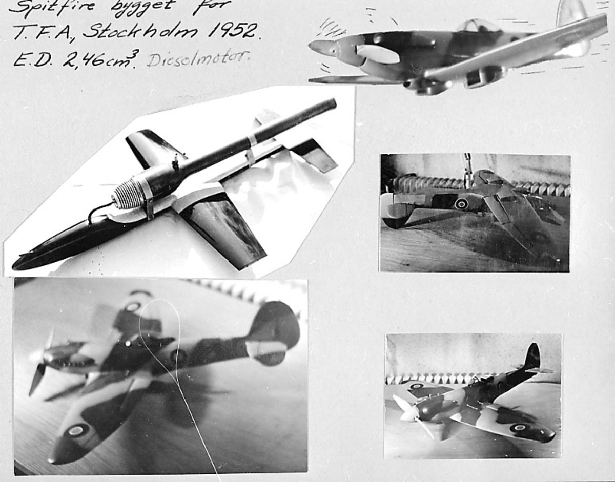Fra album. 5 foto av modellfly og tilhørende utstyr. 1 person holder et modellfly i armene.