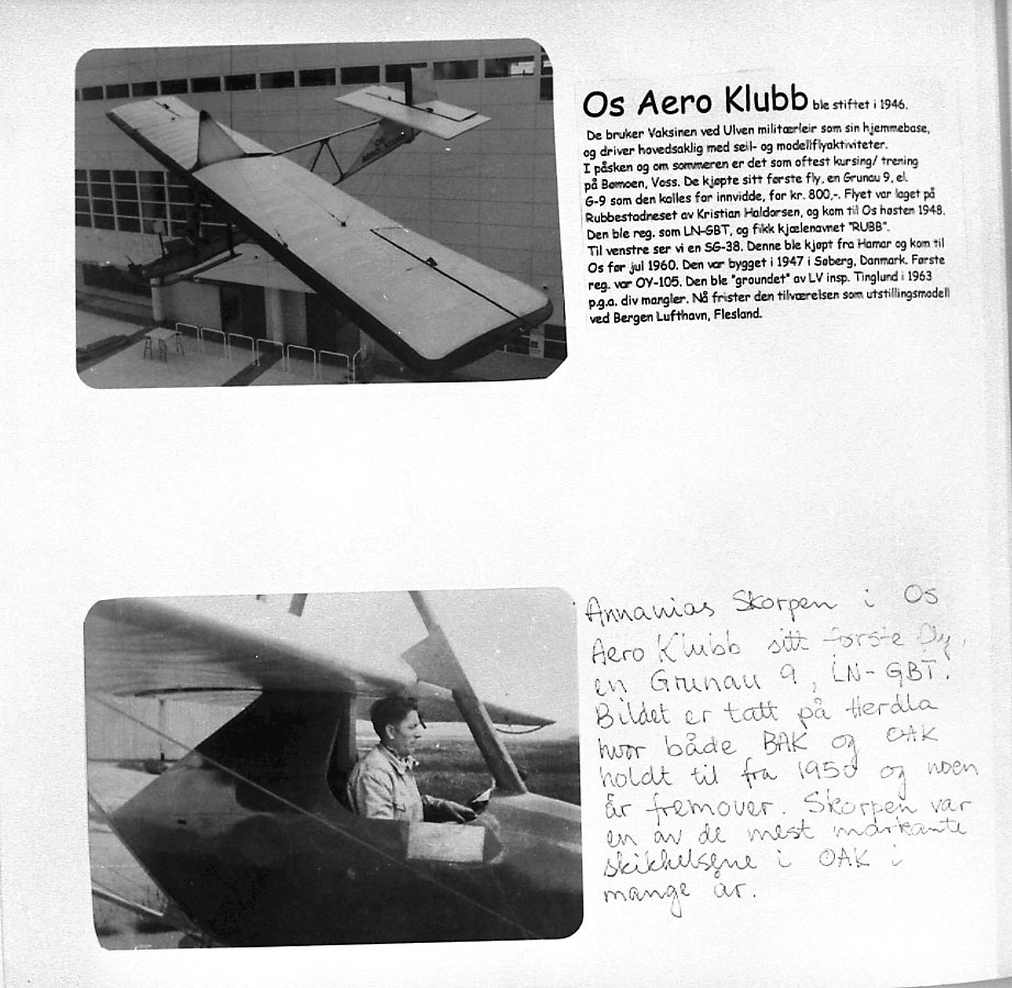 Maskinkopi av 2 foto. 1 fly Grunau 9. Portrett, 1 person sitter i cockpiten på samme fly.