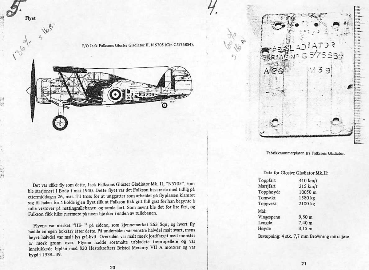 Modelltegning Gloster Gladiator og fabrikknummerplate fra Falksons Gladiator.