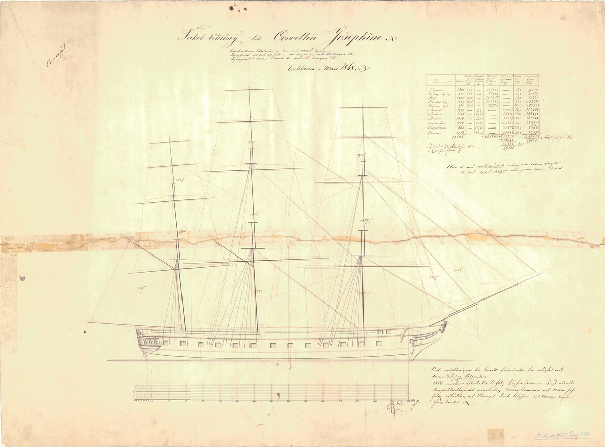 Tackelritning till korvetten Josephine, 1868.