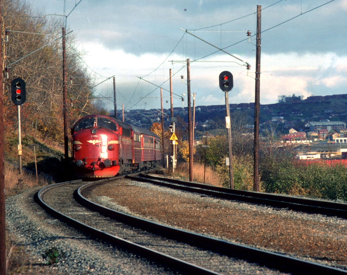 Rørosbanens dagtog, tog 302, kjører inn på Selsbakk stasjon. NSB dieselelektrisk lokomotiv Di3 606 og vogner type 3.