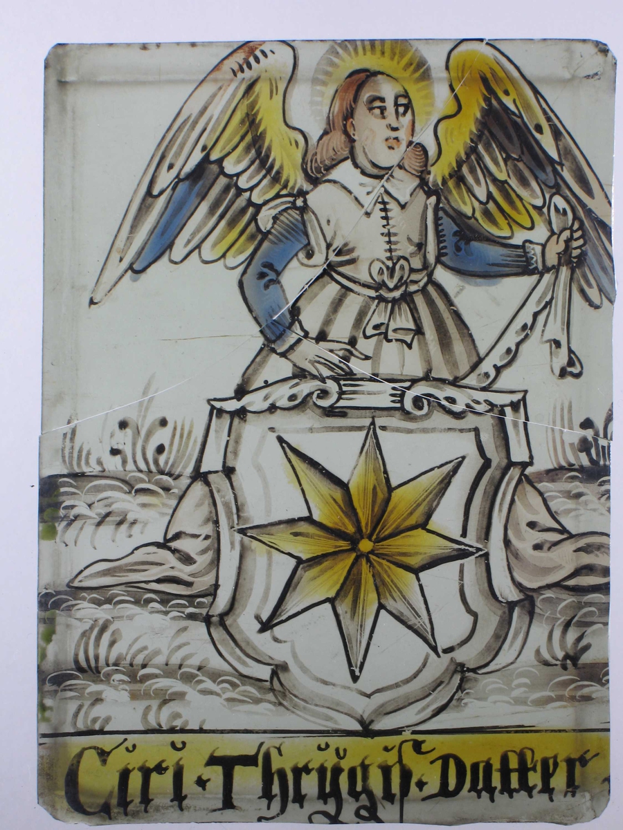a) Stående allegorisk kvinneskikkelse, Fortuna  b) engel  c) fregatt, krigsskip