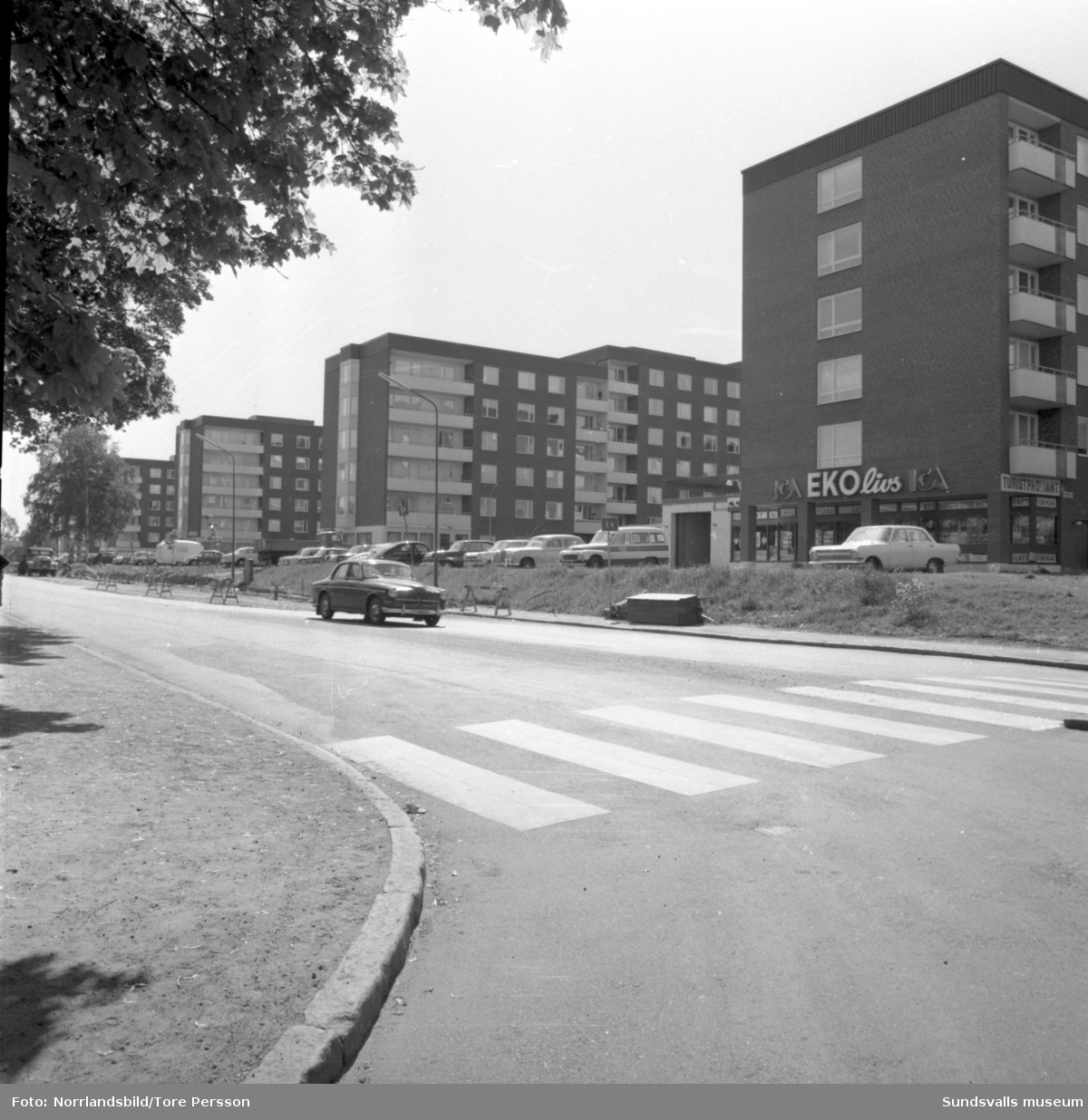 Exteriörbilder av flerfamiljshusen vid Albäcksgatan, fotograferat från Bergsgatan 32. EKO Livs.