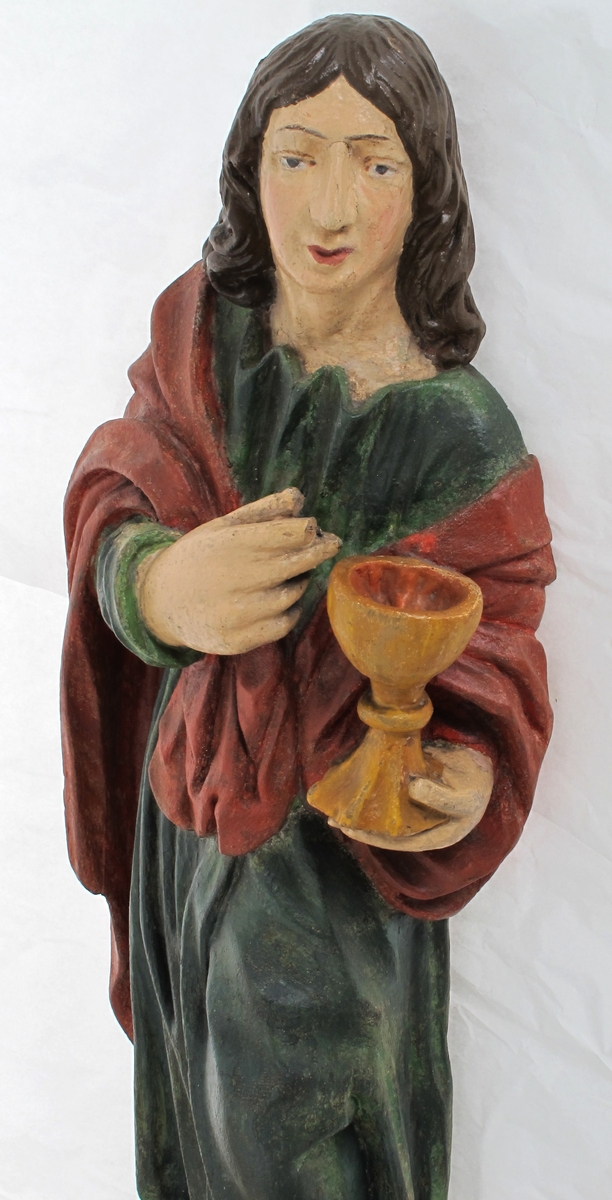 Døperen Johannes, stående mannsfigur, kalk (drikkebeger på stett), i hånden