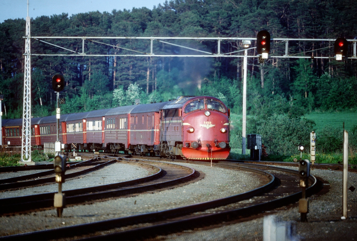 Dagtoget Bodø - Trondheim, tog 452, kjører inn på Leangen stasjon. Toget trekkes av NSB dieselelektrisk lokomotiv Di 3 622, og fører 1. og 2. klasse samt restaurantvogn.