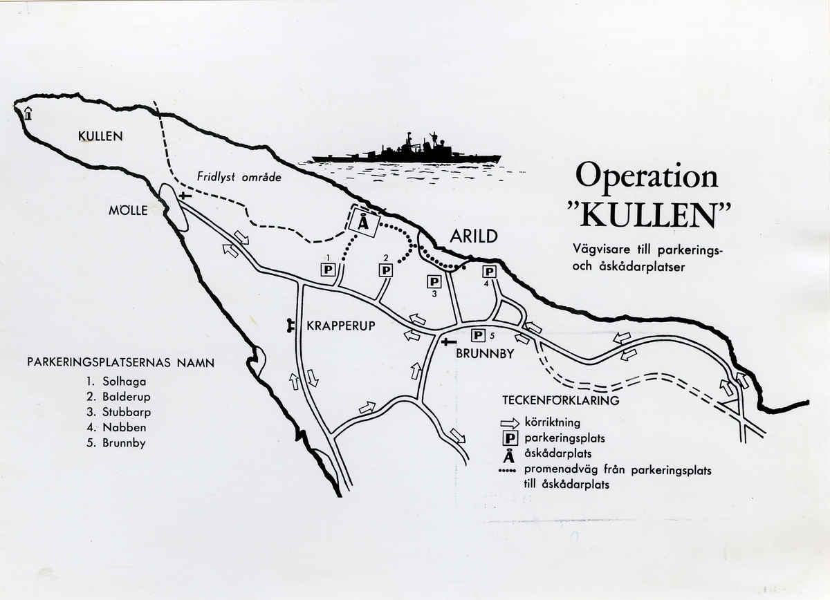 Operation "KULLEN" 24.7.1955.
Vägvisare till parkerings- och åskådarplatser, (karta).