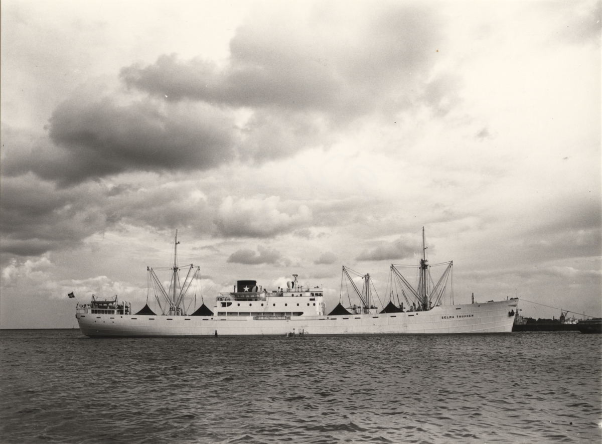 Foto i svartvitt visande lastmotorfartyget "SELMA THORDÉN" i Köpenhamn augusti månad 1954.