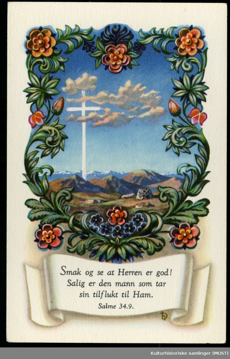 Gratulasjonskort solgt hos Hustvedt

Blomster innrammer et landskap med et kors
