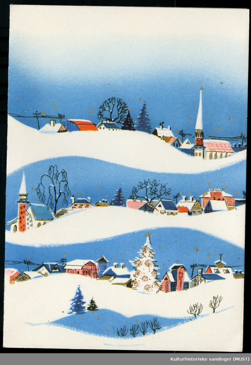 Jule og nyttårskort solgt fra Hustvedt.
Motiv av tre landsbyer
Inni kortet er det motiv av en landsby med teksten God jul og godt nytt år