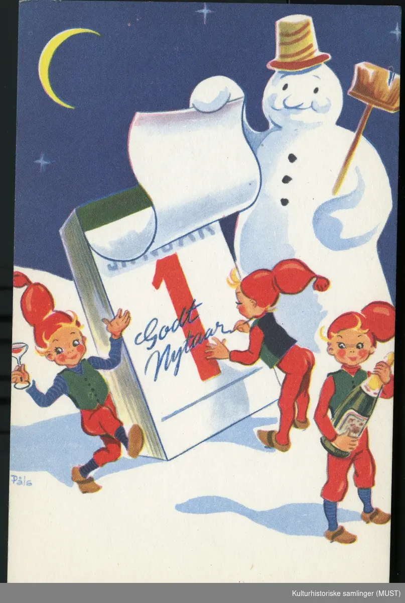 Jule og nyttårskort solgt fra Hustvedt.
Motiv av en snæmann og tre nisser som står med en kaldender med tallet 1. på. 
Godt nytt år