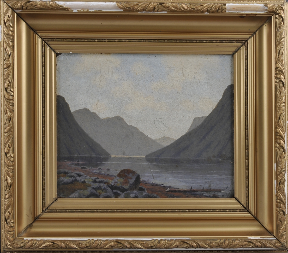 Motivet av ein fjord (Bandak) med fjell på begge sider. Fjell i bakgrunn. Strandlinje i framgrunnen.
