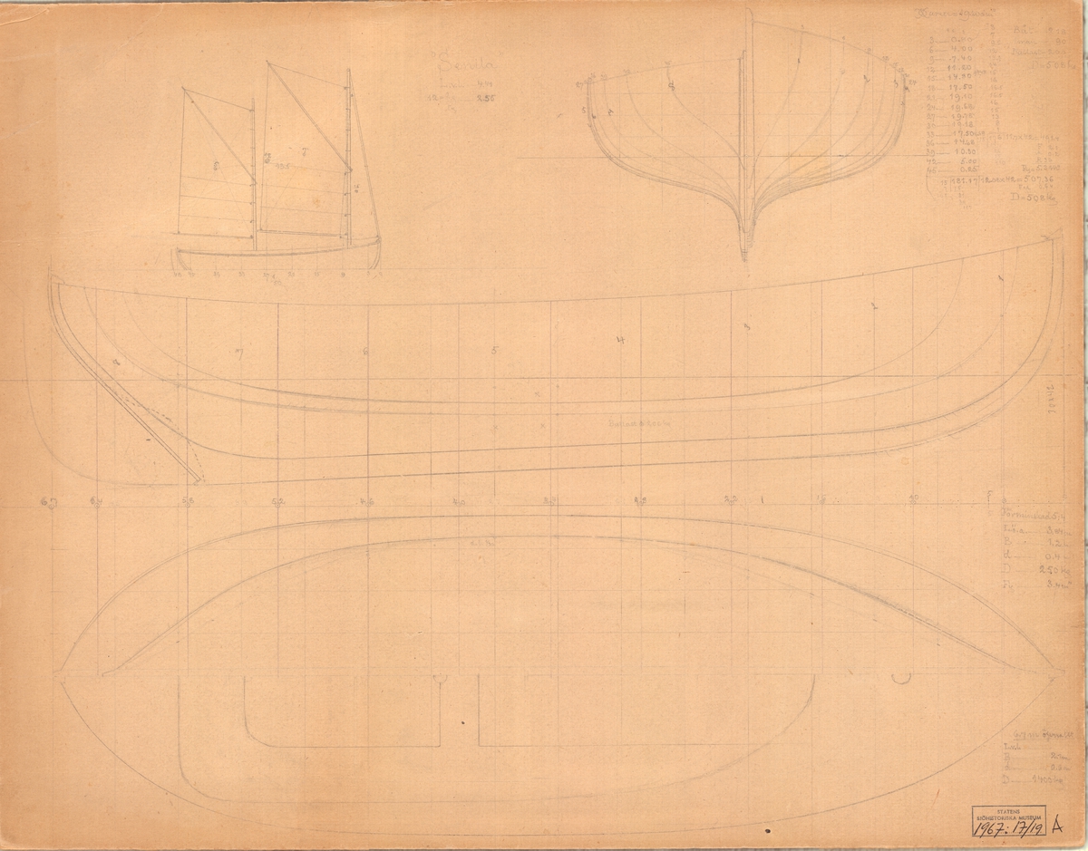 Tvåmastad segelbåt. 
Skiss; spantruta, linjeritning och segelplan