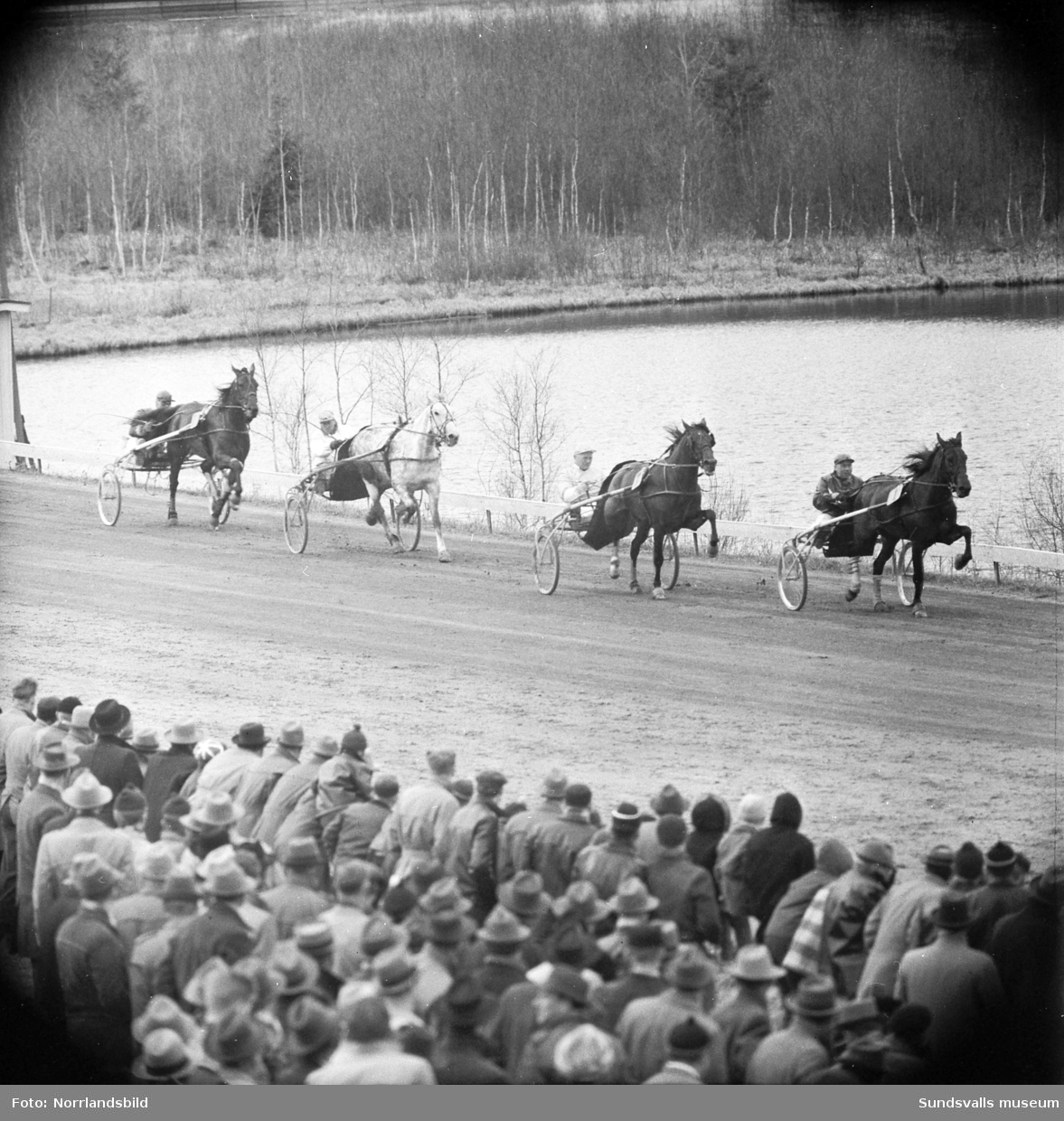 Vårtävlingar på Bergsåkers travbana 1957. Lagerkrans blev det  för vinnarekipaget Märta Rappson & Sören Nordin.