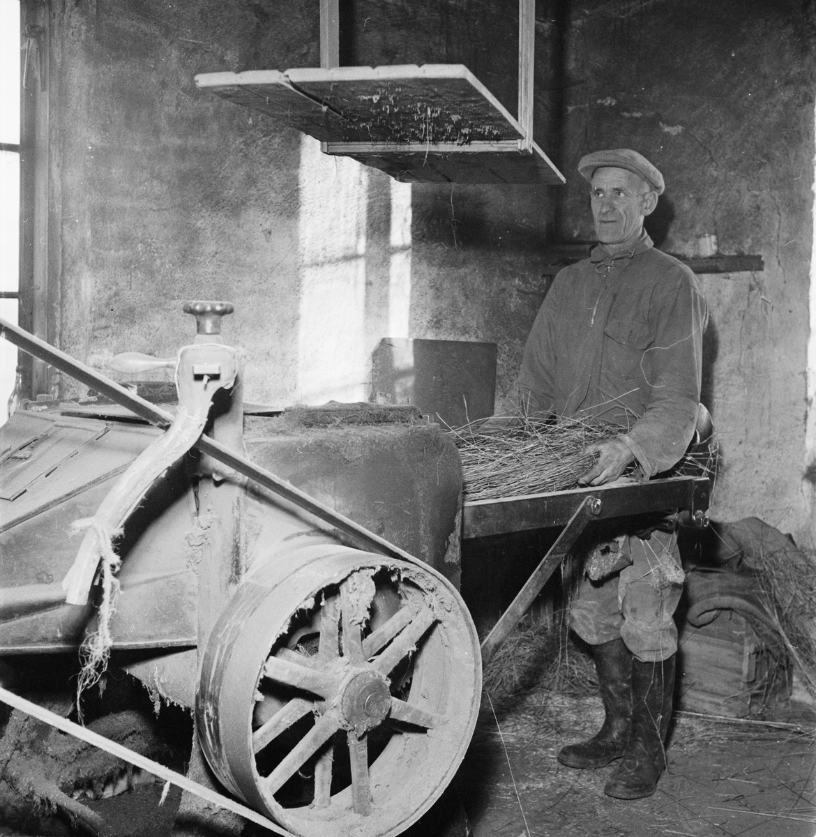 Lantbrukare Konrad Carlsson med sin "specialmaskin" för bråkning av lin