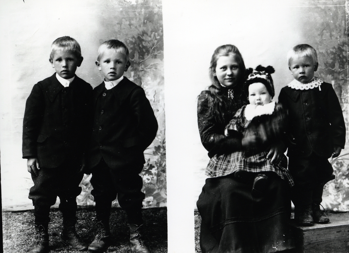 Til høyre; mor med 2 barn fotografert foran lerret. Usikkert hvem de to barna til venstre er.