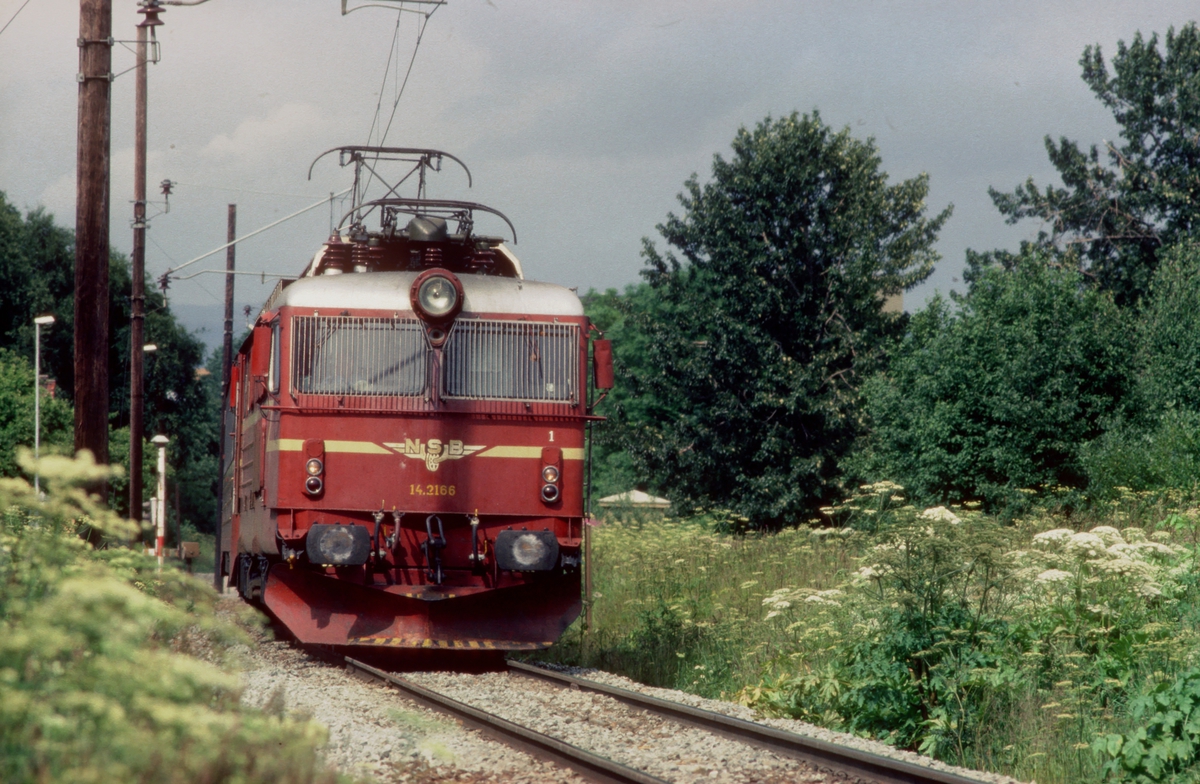 NSB ekspresstog 44 "Dovresprinten" med elektrisk lokomotiv El 14 2166 ved Stavne.