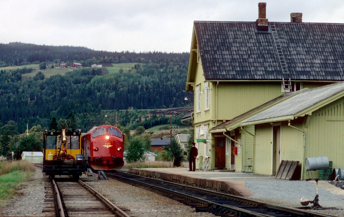 Rørosbanens sørgående daghurtigtog 302 stopper ved Singsås stasjon. Togekspeditøren viser signal "Passer" (grønt flagg), det var ingen påstigende. NSB dieselelektrisk lokomotiv Di 3b 643.