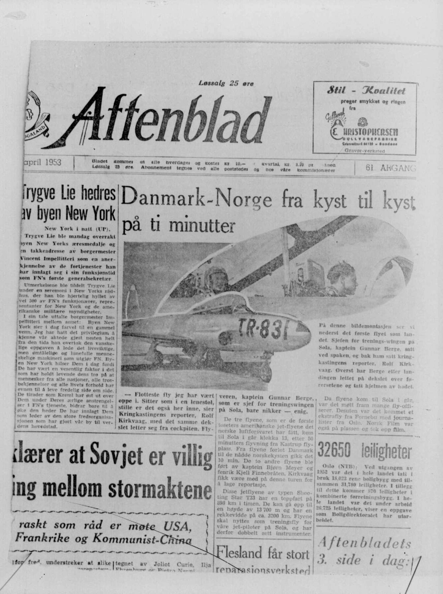 Tre avisutklipp fra Rogaland Aftenblad april 1953.
Jetflyging  Sola - Danmark.