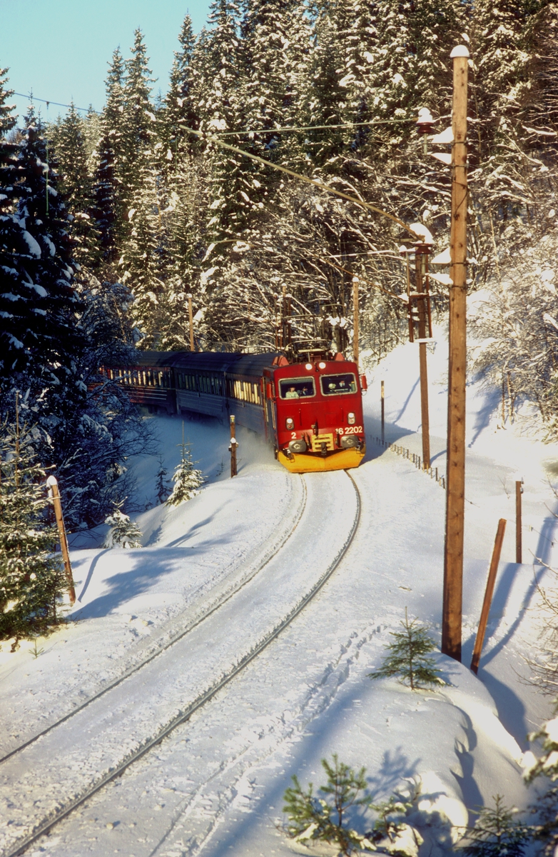 NSB ekspresstog 62 Bergen - Oslo sør for Movatn stasjon en vinterdag. Lokomotivet er El 16 2202 malt i nye farger i henhold til NSBs nye designprogram.