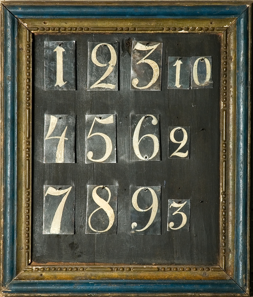 Stående rektangulär nummertavla av svartmålat trä. Spikar, 15 st, att hänga upp lösa siffror på. De anger vilka psalmverser som ska sjungas. Blå och guldfärgad profilerad träram.