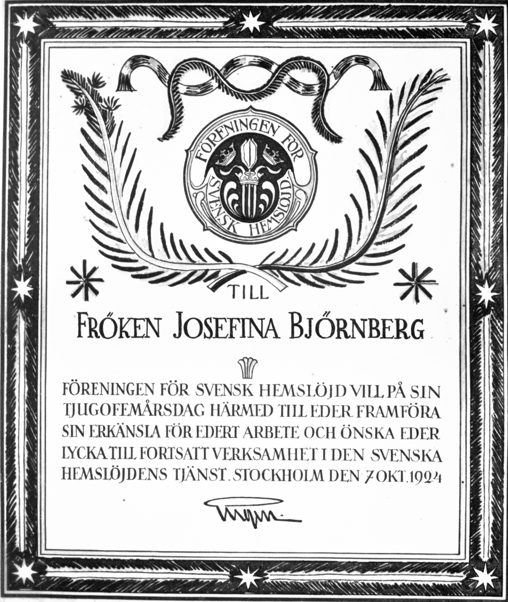 Josefina Björnberg. Diplom från Föreningen för svensk hemslöjd.