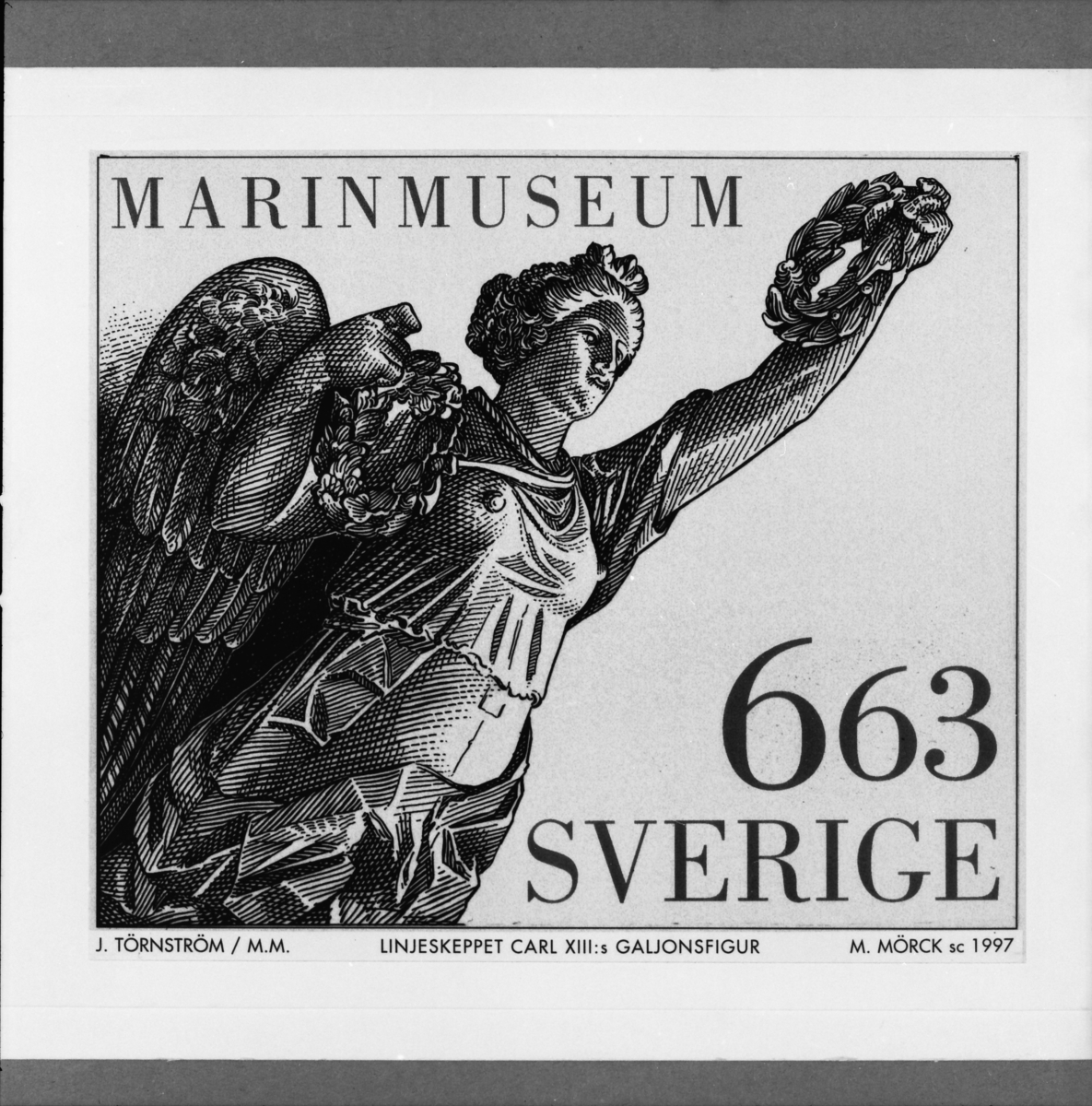 Originalteckning till frimärket "Galjonsfigur från linjeskeppet Carl XIII", 1700-tal för frimärksutgåvan Marina motiv, 1997.
