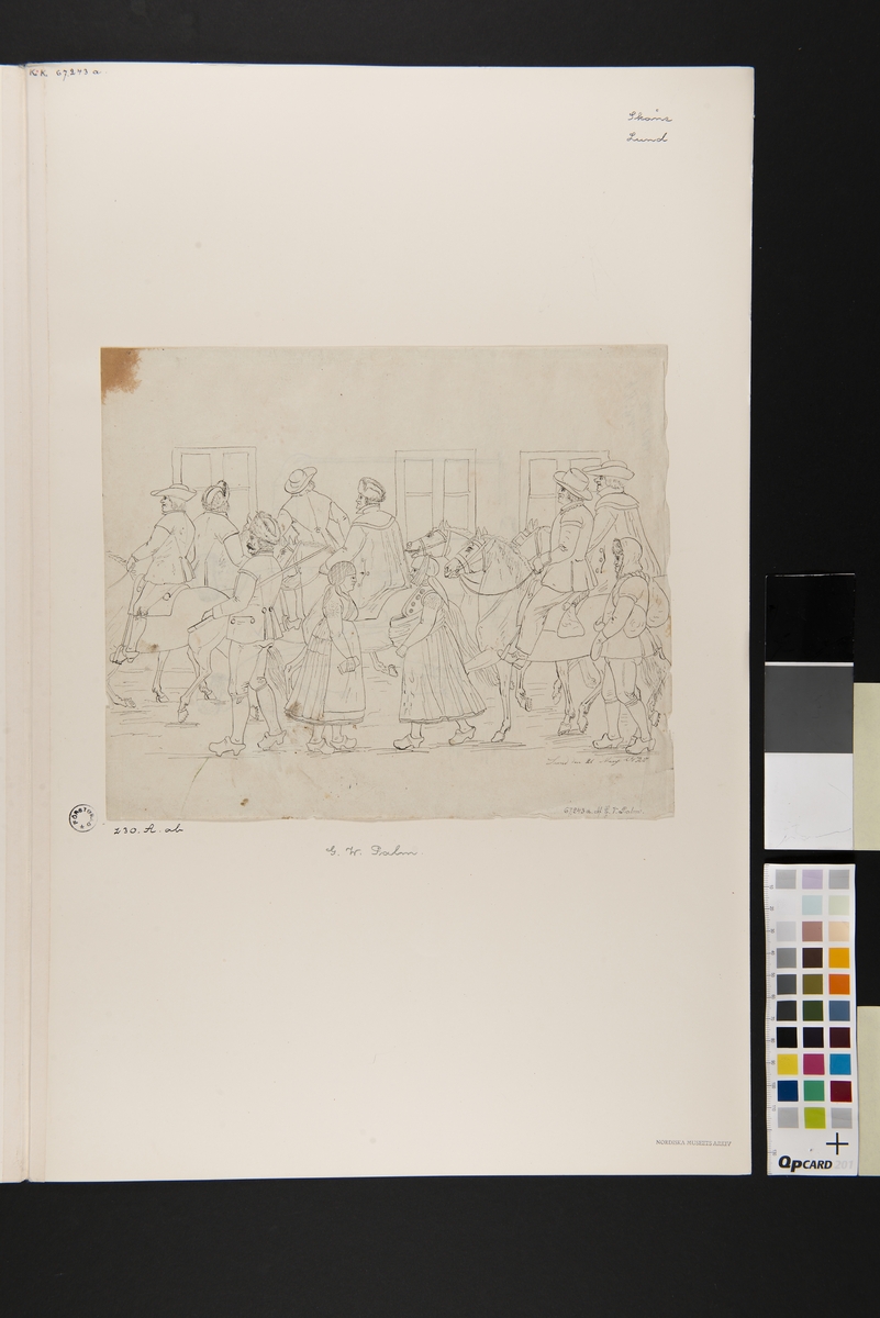 Dräkt.  "Lund den  21 Mars 1826" (? sista siffran svårläst)". Fotgängare och män till häst på en väg. Tuschteckning i storformat av G.W. Palm.