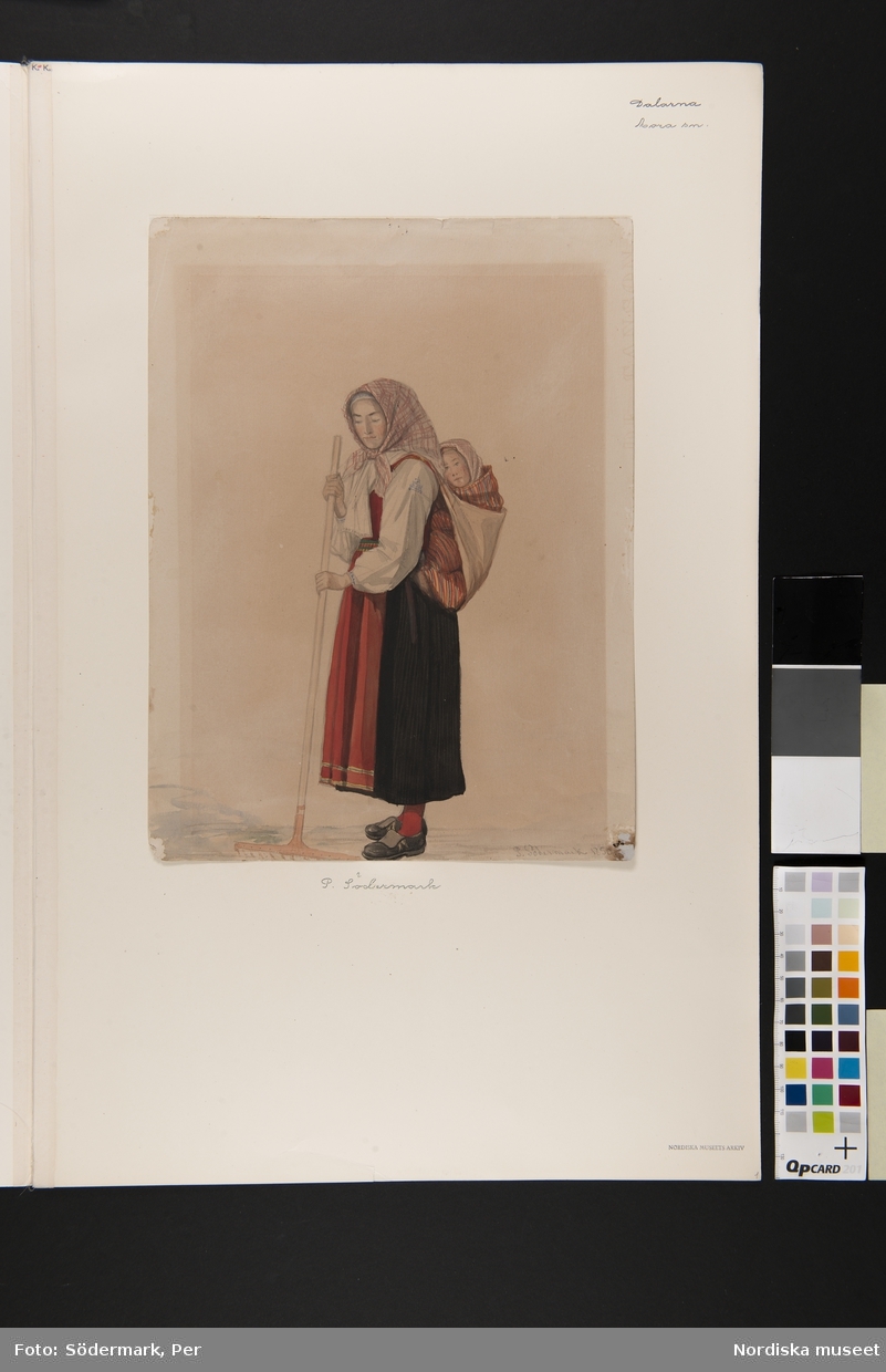 Kvinna med barn på ryggen. Akvarell av P. Södermark