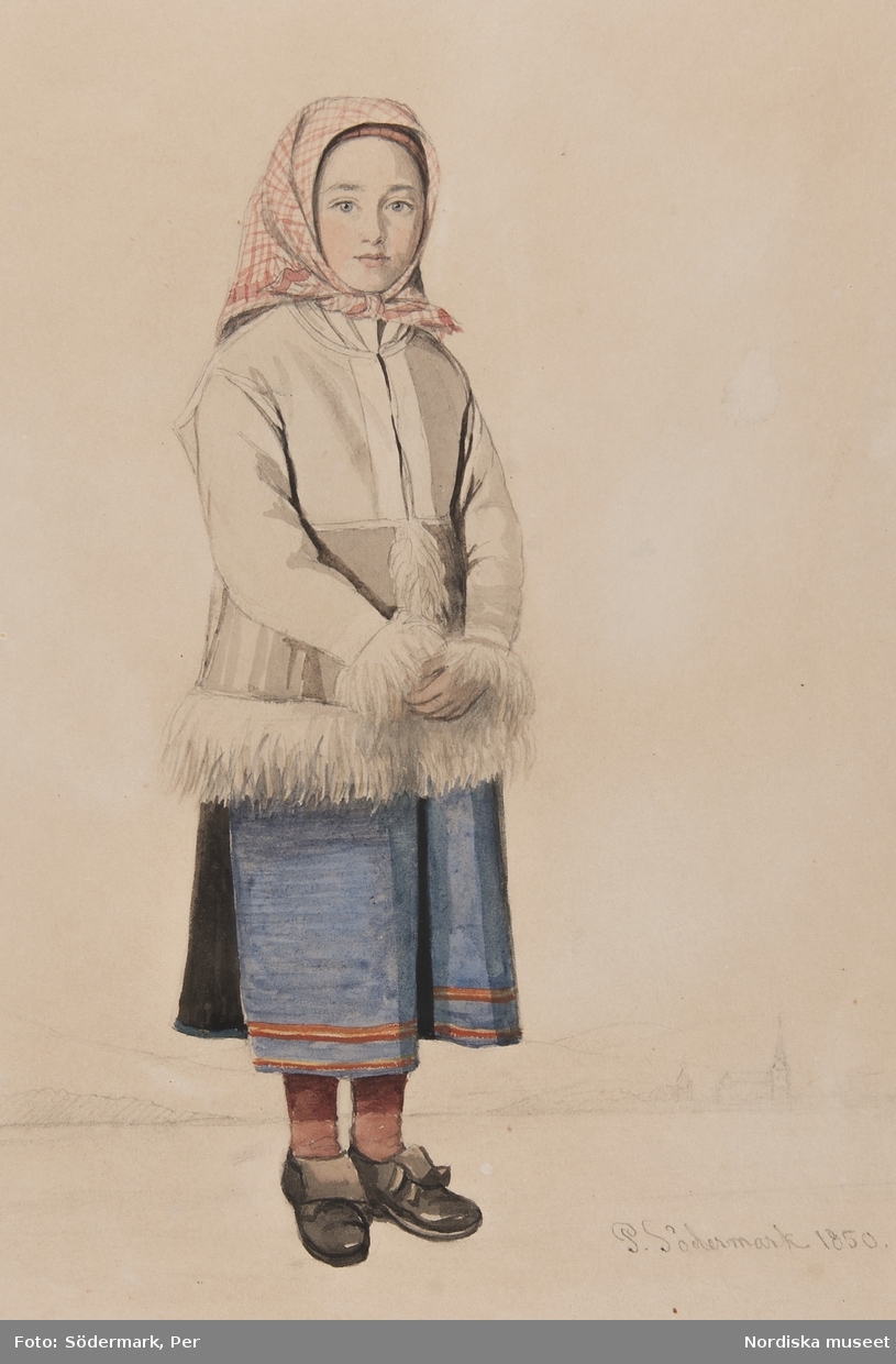 Flicka i Moradräkt med skinntröja, Mora. Akvarell av P.Södermark.