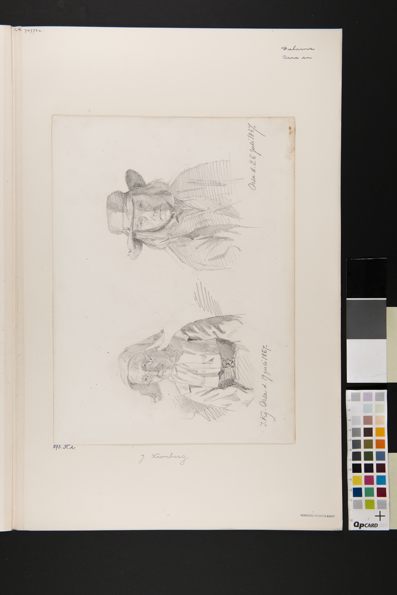Blyertsteckning av  J. Kronberg. Kvinna Orsa 19 juli 1867 och man  Orsa d 26 juli 1867.