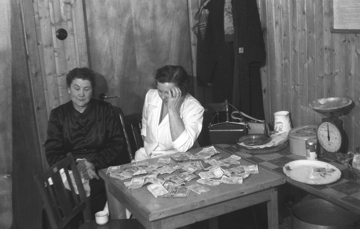 Ragnhild Stock og Frida Hauge sitter ved et bord med mange pengesedler liggende oppå.