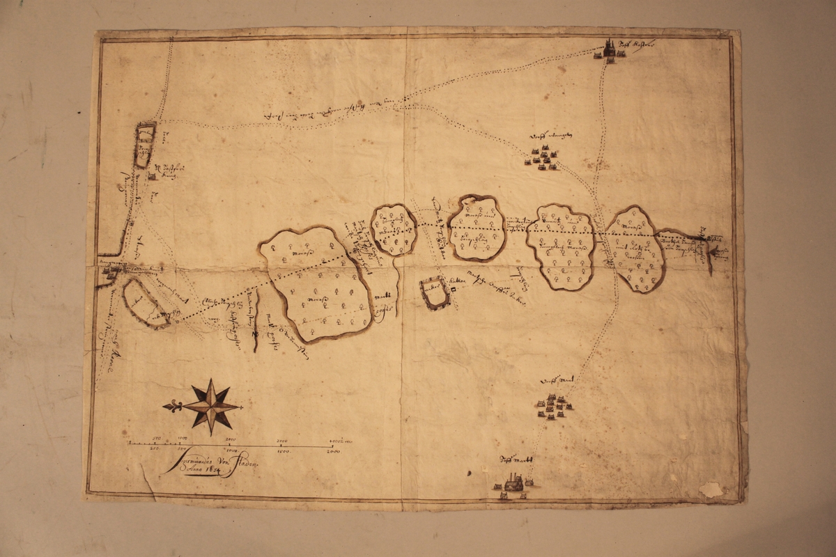 Karta över postvägar och landsvägar från Tallin (Reval) med omnejd vid 1600-talets mitt. Kartan uppfordrad på väv. Den har små hål och är något fuktskadad.