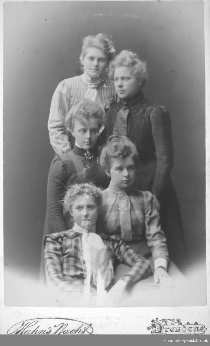 Gruppeportrett av fem kvinner. De har kjoler i forskjellige form, farger og mønster. Damen nederst på bildet har et halstørkle og hun i midten på bildet har en brosje i halsen.